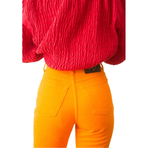 Versace Orange Straight Leg Jeans with Red Top Accent